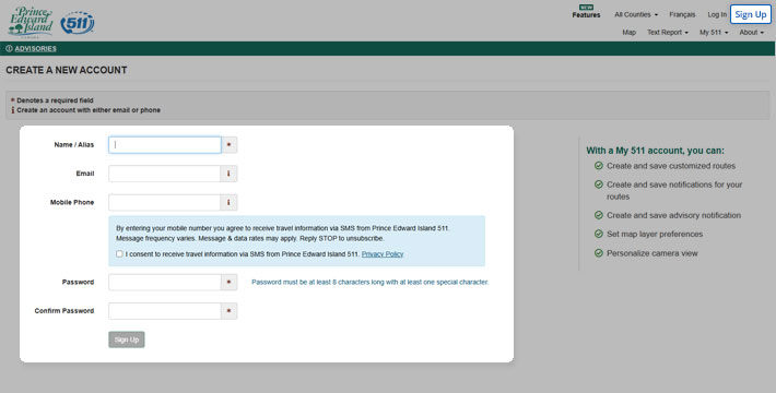 Signing up with Prince Edward Island 511