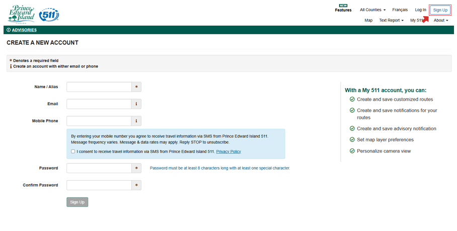 Signing up with Prince Edward Island 511