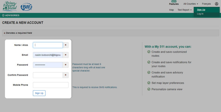 Signing up with Prince Edward Island 511